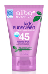 Back view of Alba Botanica sunscreen bottle highlighting tear-free, vegetarian formula for kids.