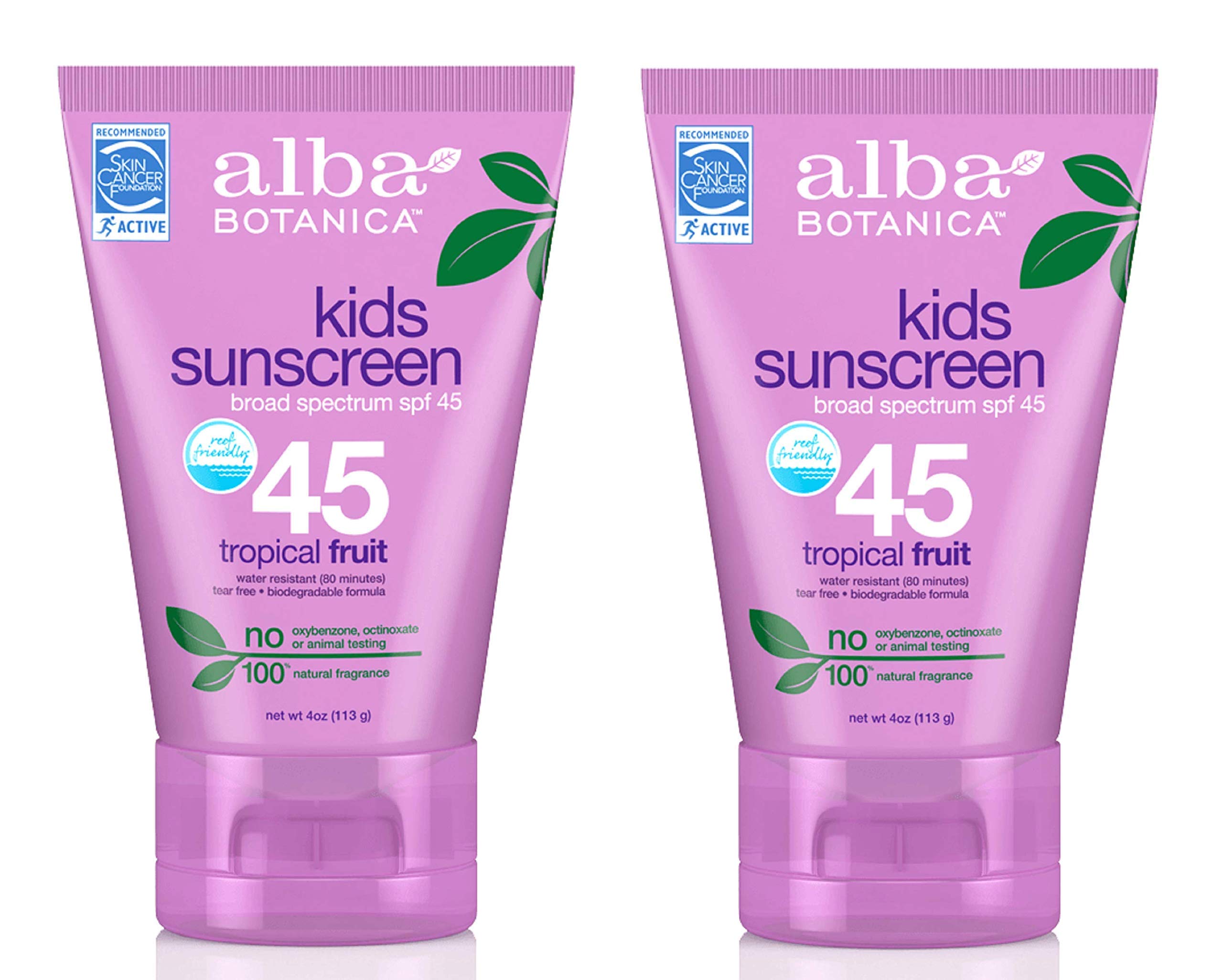 Alba Botanica Very Emollient Kids Sunscreen SPF 45 bottle front view, gentle protection.