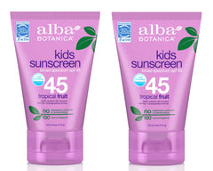 Alba Botanica Very Emollient Kids Sunscreen SPF 45 bottle front view, gentle protection.