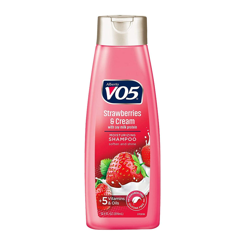 Alberto Moisture Milks Shampoo Strawberries bottle shows hydrating formula for daily hair care.