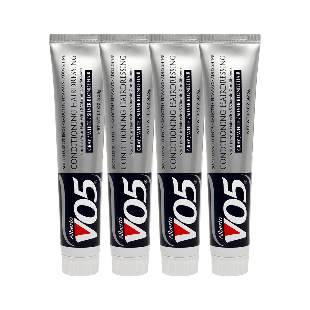 Alberto VO5 Conditioning Hairdressing bottle for grey, white, silver, or blonde hair; smooths frizz and boosts color.
