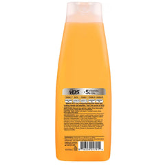 Shampoo bottle label highlights the five essential vitamins in Alberto VO5.