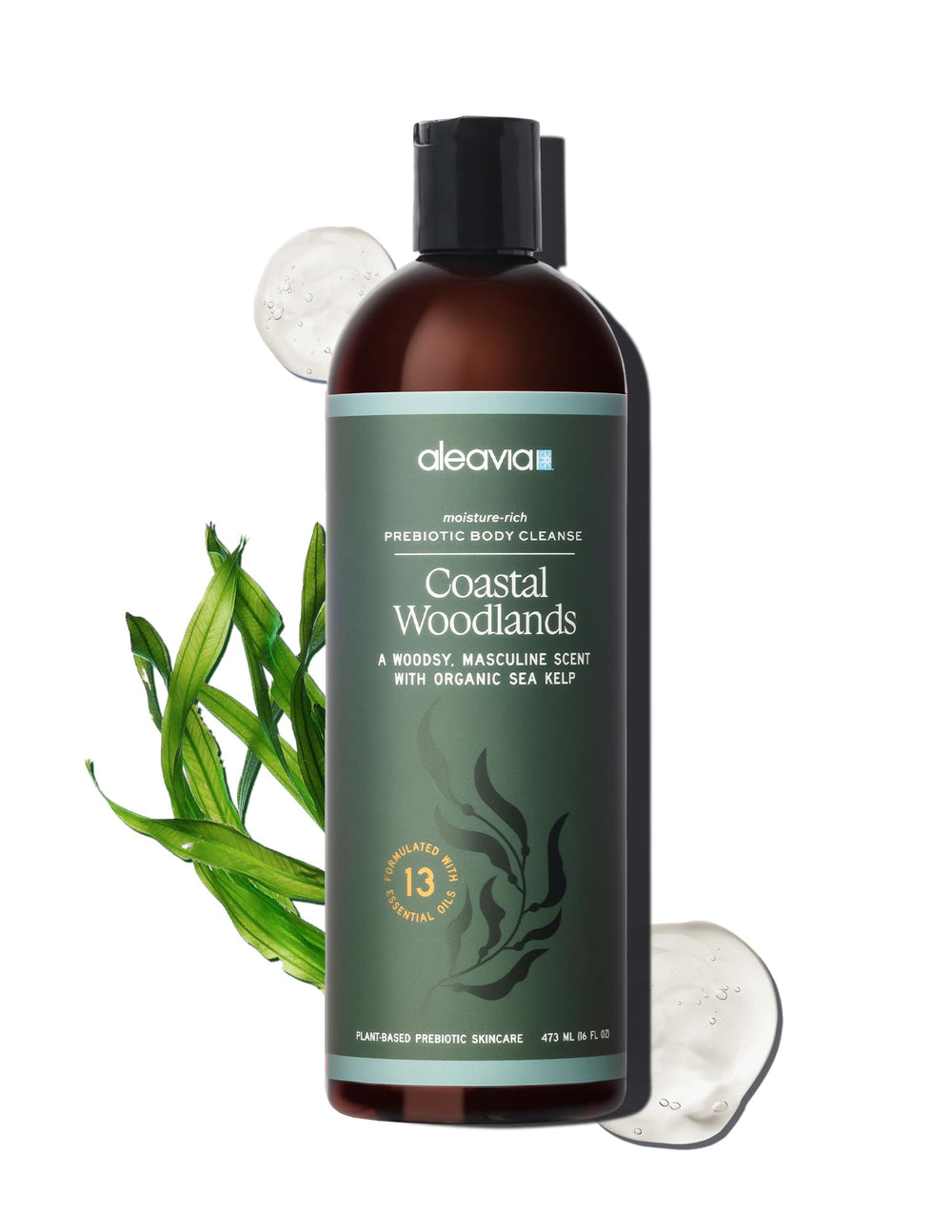 Aleavia Coastal Woodlands Body Wash bottle for a refreshing woodsy cleanse.