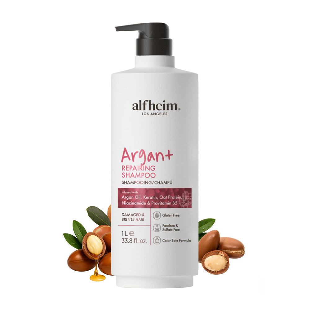 ALFHEIM Argan+ Repairing Shampoo bottle shown for nourishing care of dry hair