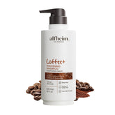 ALFHEIM Coffee+ Shampoo bottle promotes fuller-looking hair with caffeine boost.