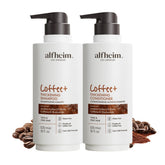 ALFHEIM Coffee+ Shampoo bottle shows volume-boosting lift and scalp energizing formula.