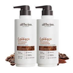 ALFHEIM Coffee+ Shampoo bottle shows volume-boosting lift and scalp energizing formula.