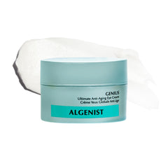 Algenist GENIUS eye cream bottle close-up for radiant under-eye care.