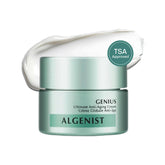 Algenist GENIUS Ultimate Anti-Aging Cream travel jar shows smoothing hydration on the go