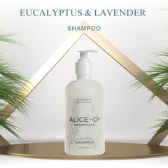 Alice + Co. Lavender & Eucalyptus shampoo pour highlights refreshing aroma.
