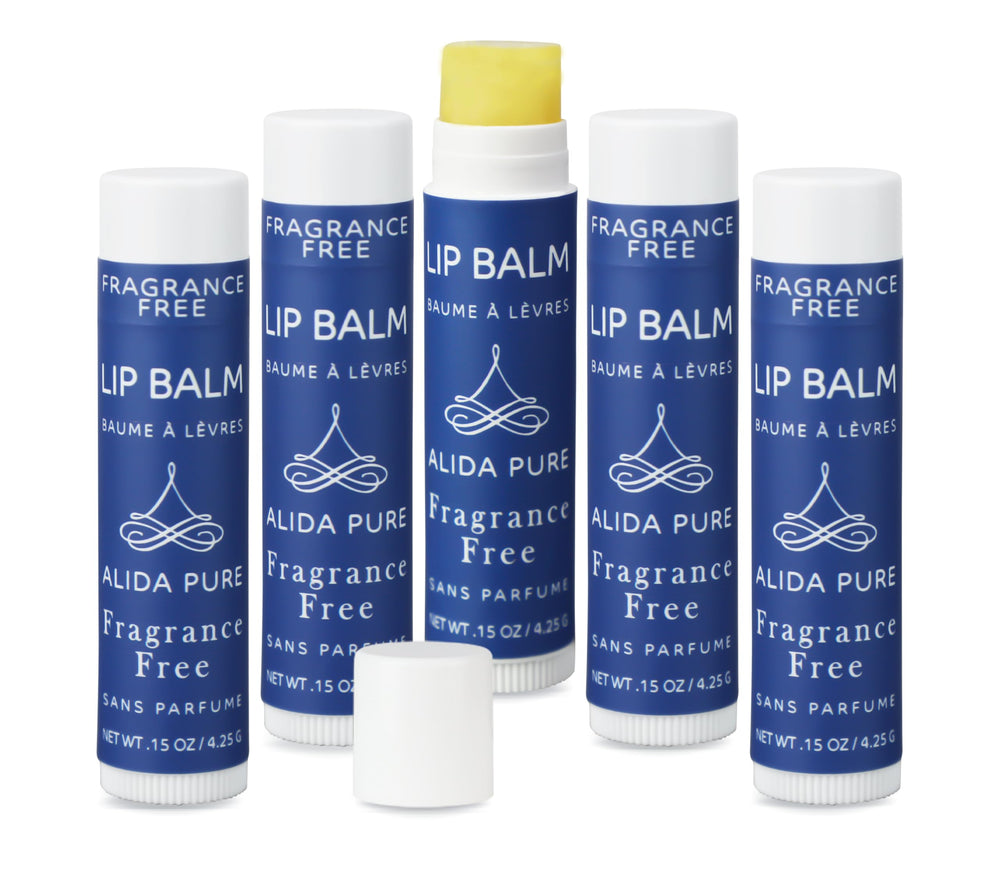 ALIDA PURE fragrance-free lip balm tube packaging shows vegan, beeswax-free design.