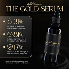 Alitura Gold Serum glass bottle reflection highlights luxury packaging and care.