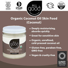 All Good Skin Food organic coconut oil bottle highlighting pure ingredients for radiant skin.