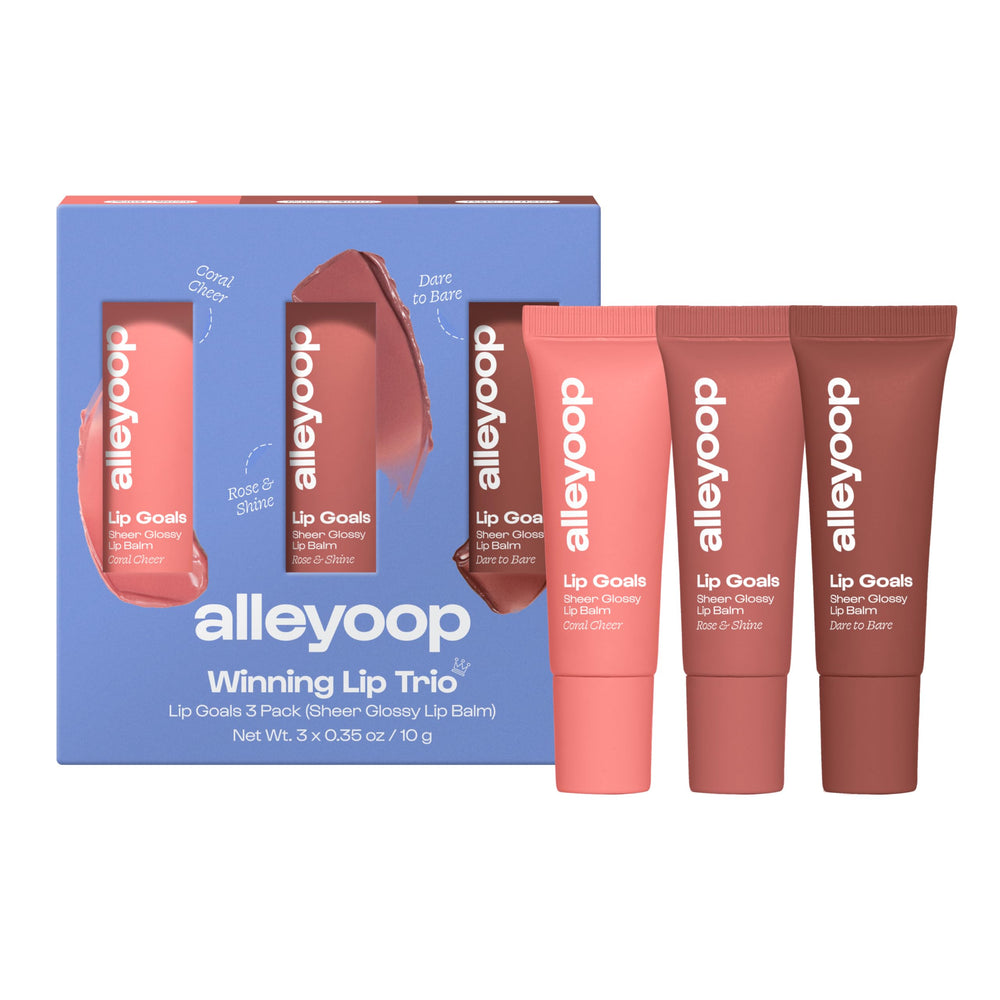 ALLEYOOP Lip Goals Trio front-facing box shows three tinted balms for on-the-go hydration.