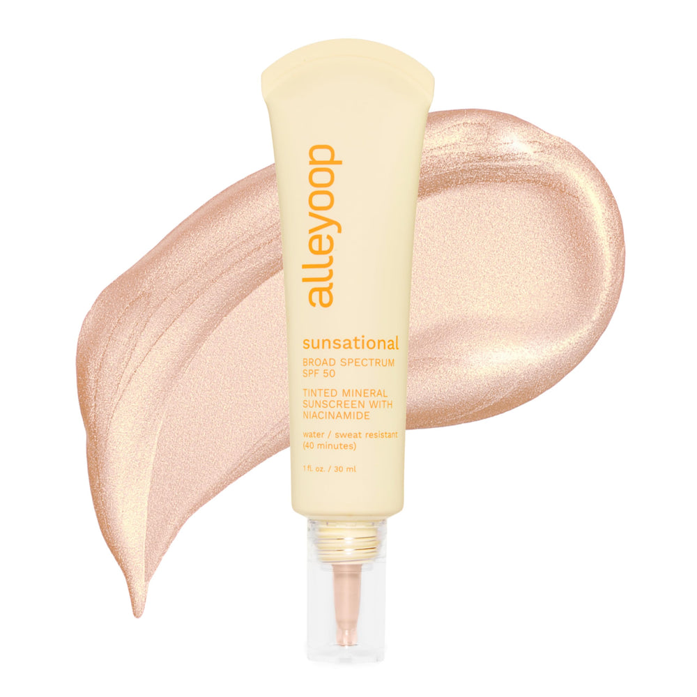 Alleyoop Sunsational tinted moisturizer bottle front with SPF 50 for daily sun protection.