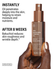 Allies of Skin CE15 Bakuchiol Firming Oil ingredients strip highlights key actives and oils.