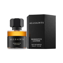 AllSaints Shoreditch Leather EDP cap closeup, premium leather accents highlighted.