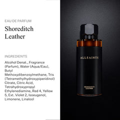 AllSaints Shoreditch Leather EDP glass bottle on dark surface conveys unisex versatility