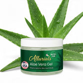Allurials Aloe Gel bottle close-up showing pure, hydrating formula for skin.