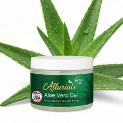 Allurials Aloe Gel bottle close-up showing pure, hydrating formula for skin.