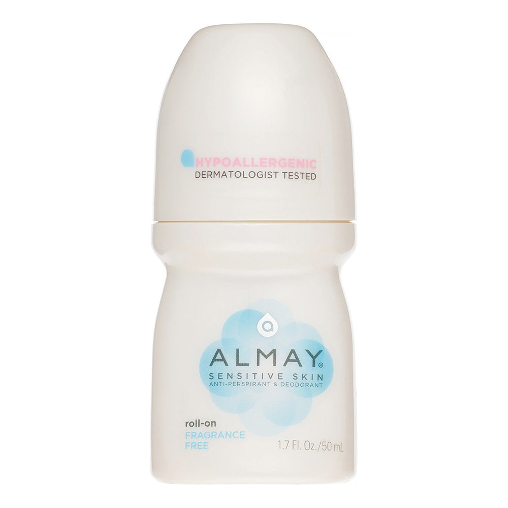 Almay fragrance-free roll-on antiperspirant for sensitive skin keeps underarms dry.