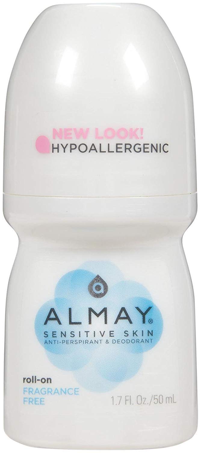 Almay fragrance-free roll-on bottle close-up for sensitive skin comfort