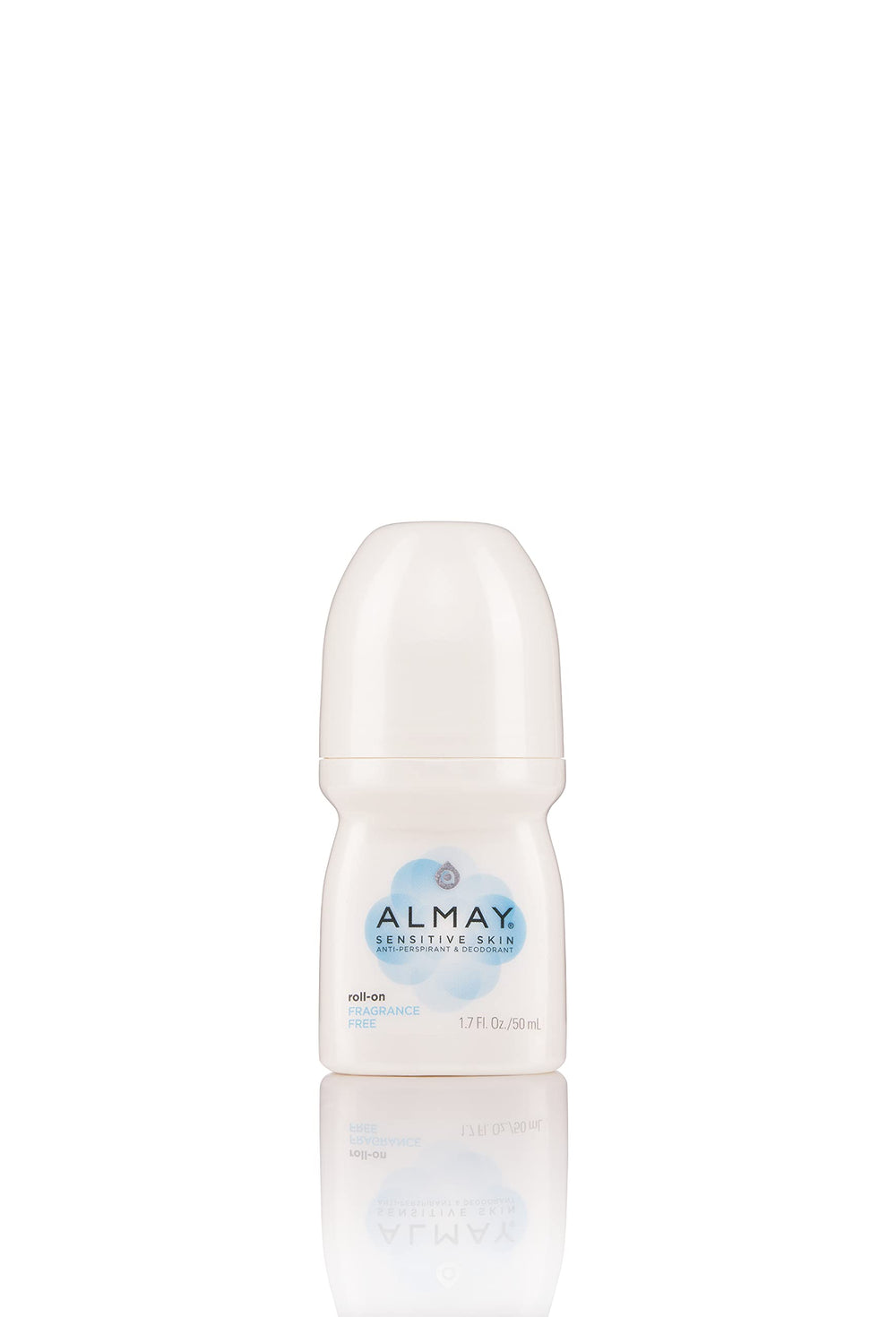 Almay fragrance-free roll-on bottle demonstrates smooth, fragrance-free protection for sensitive skin.