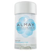 Almay Sensitive Skin Clear Gel Deodorant pack shot; fragrance-free formula.