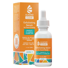 Almond Clear face and body clearing serum bottle with pump for easy acne treatment.
