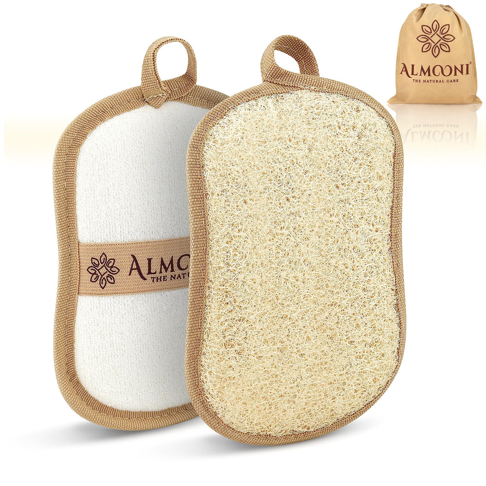 ALMOONI bow-tie loofah pad close-up shows textured surface for gentle exfoliation and skin prep