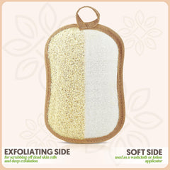 ALMOONI bow-tie loofah pad hand-strap demonstrates easy grip during shower