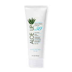 Aloe Up SPF 50 sunscreen bottle for face and body provides broad UVA/UVB protection.