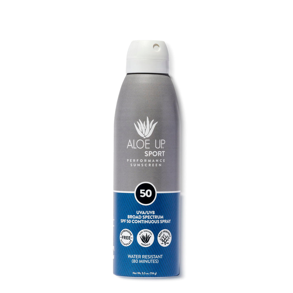 Aloe Up sport sunscreen spray bottle ready for quick outdoor protection.