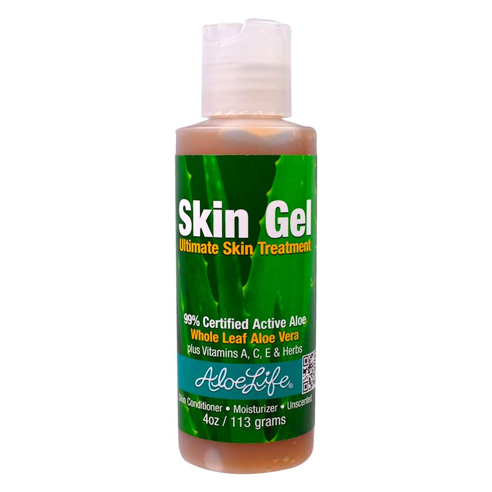 Aloe Life Skin Gel bottle shows golden hue from whole-leaf aloe, for conditioning.