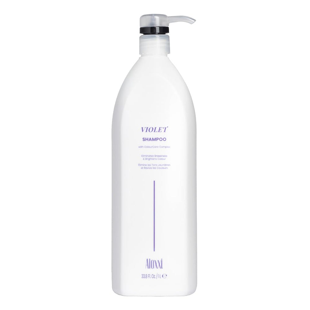 ALOXXI Violet Shampoo bottle front showing color-refreshing formula for blondes