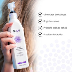 ALOXXI Violet Shampoo close-up reveals purple pigments brightening silver tones