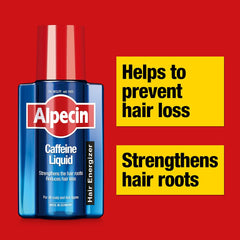 Close-up of Alpecin energizer label highlighting caffeine formula and 200 ml size.