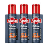 Alpecin C1 caffeine shampoo bottle on display promotes natural hair growth.