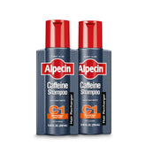 Alpecin C1 caffeine shampoo bottle pouring for daily scalp cleanse