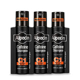 Alpecin Caffeine Shampoo C1 Black Edition 3-pack bottle on shelf, energizing scalp