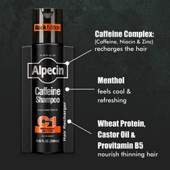 Alpecin Caffeine Shampoo bottle pump close-up highlighting caffeine and zinc for hair