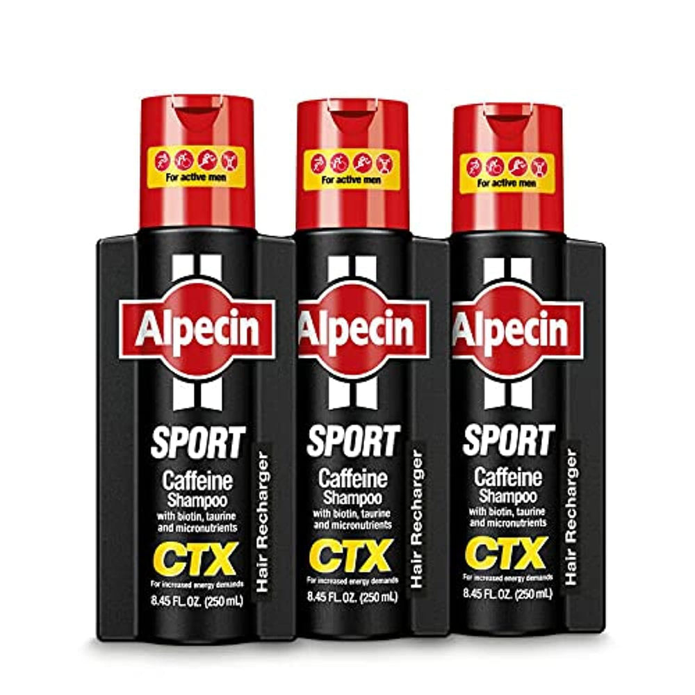 Alpecin CTX Sport shampoo bottle promoting an energized scalp and fuller look.