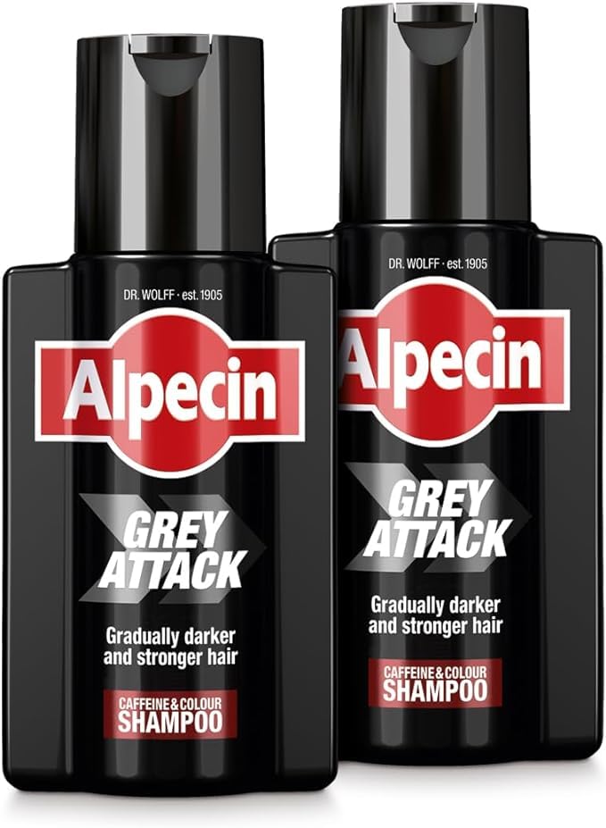 Alpecin Gray Attack bottle front with dual-pack branding for easy color maintenance.