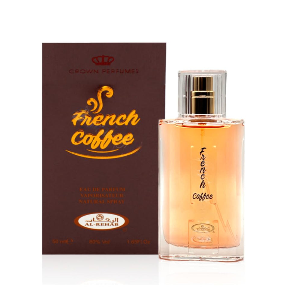 Al-Rehab French Coffee EDP bottle front view highlights the gourmet coffee vibe.