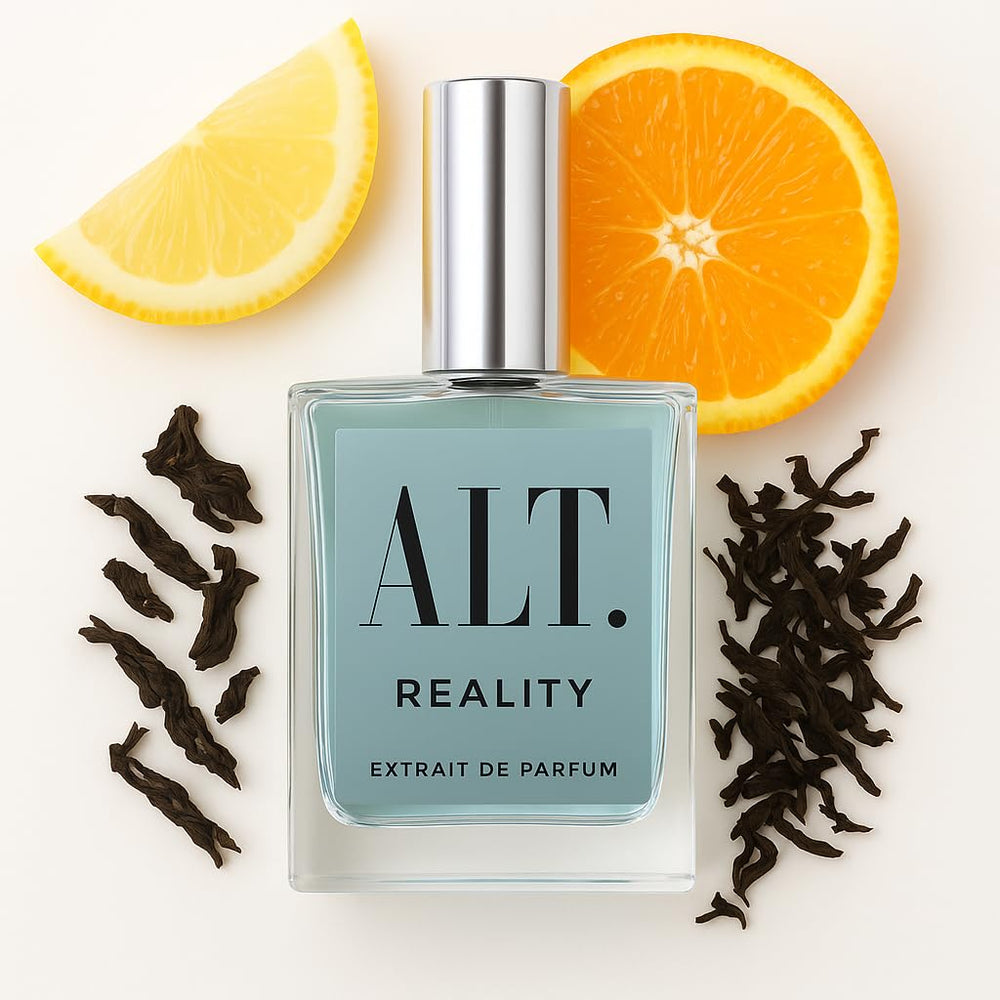 ALT. FRAGRANCES Reality bottle front view with citrus notes for daily confidence.