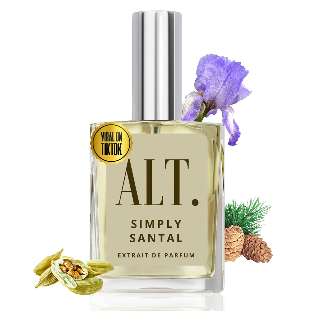 ALT. FRAGRANCES Simply Santal bottle front view for a bold unisex fragrance.
