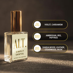 ALT. FRAGRANCES Simply Santal note profile highlighting sandalwood and leather.