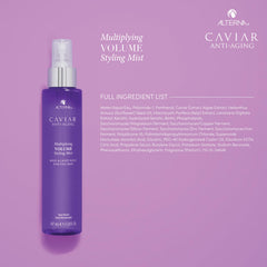 Mist applied to damp hair for added fullness and easier styling with Alterna product.