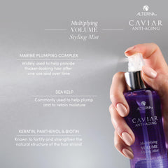 Spray application of Alterna styling mist providing flexible hold and natural gloss.