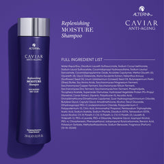 Alterna Caviar Anti-Aging Replenishing Moisture Shampoo close-up shows creamy lather.